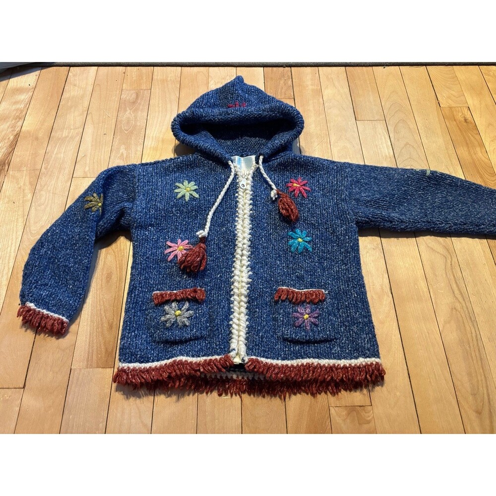 Handmade Ecuador wool zip hooded sweater floral fringe 4 5 6